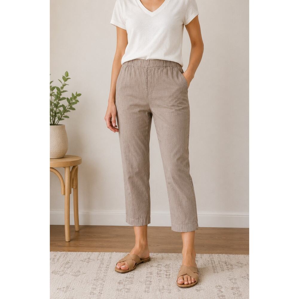 J.Jill Linen Stretch Crop Pants Women M Petite Beige Taupe Pull On Ankle Casual